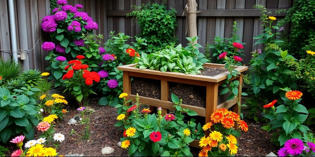 Backyard garden with compost bin and vibrant flowers