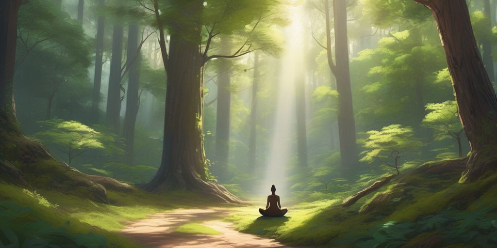 Person meditating in a sunlit forest path.