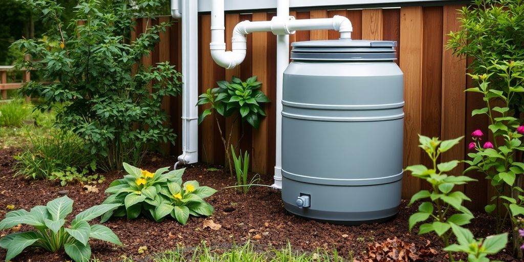 Rainwater harvesting setup with barrel and downspout