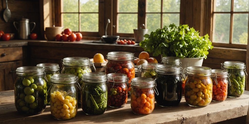 Jars of preserved foods on a wooden table.