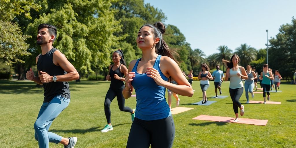 People exercising in a green park