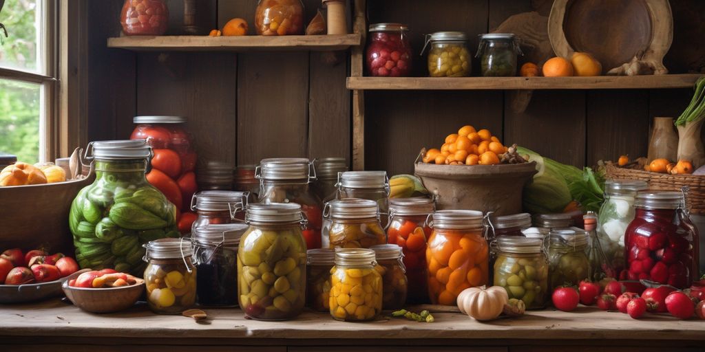 Jars of preserved fruits and vegetables on a wooden table.