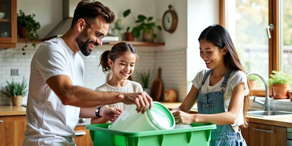 Family sorting recyclables in a kitchen