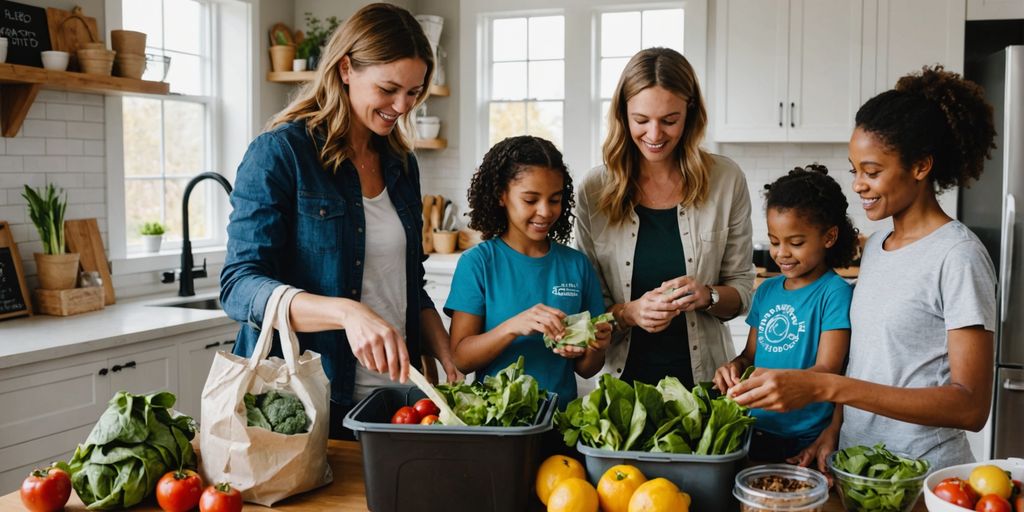 Family sorting recyclables in a modern kitchen.