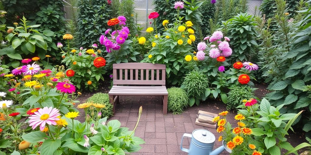 Lush garden with flowers and a bench