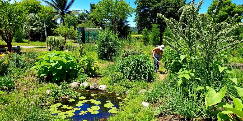 Person tending a lush permaculture garden