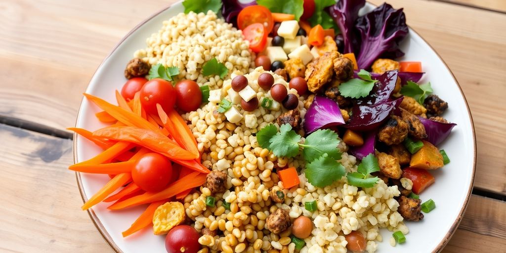 Colorful vegan food on a rustic table.