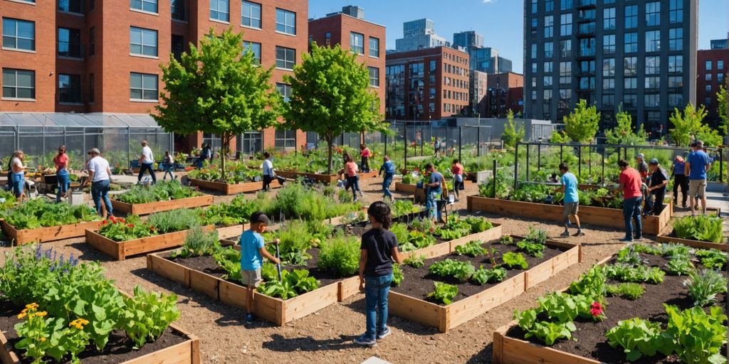 Community garden with people and urban buildings.