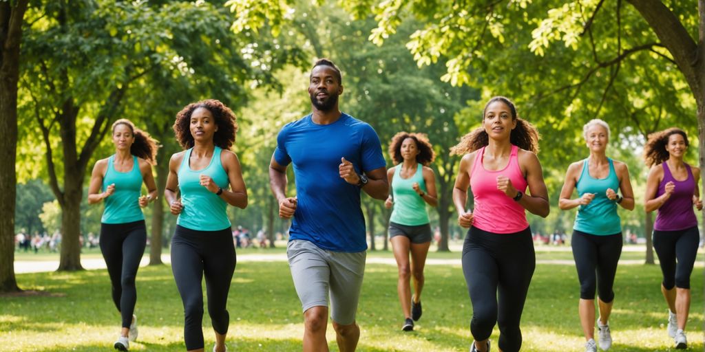 People exercising outdoors in a sunny park.