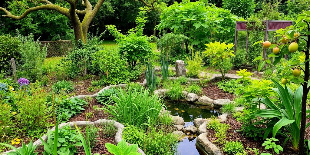 Lush permaculture garden with diverse plants and a pond.