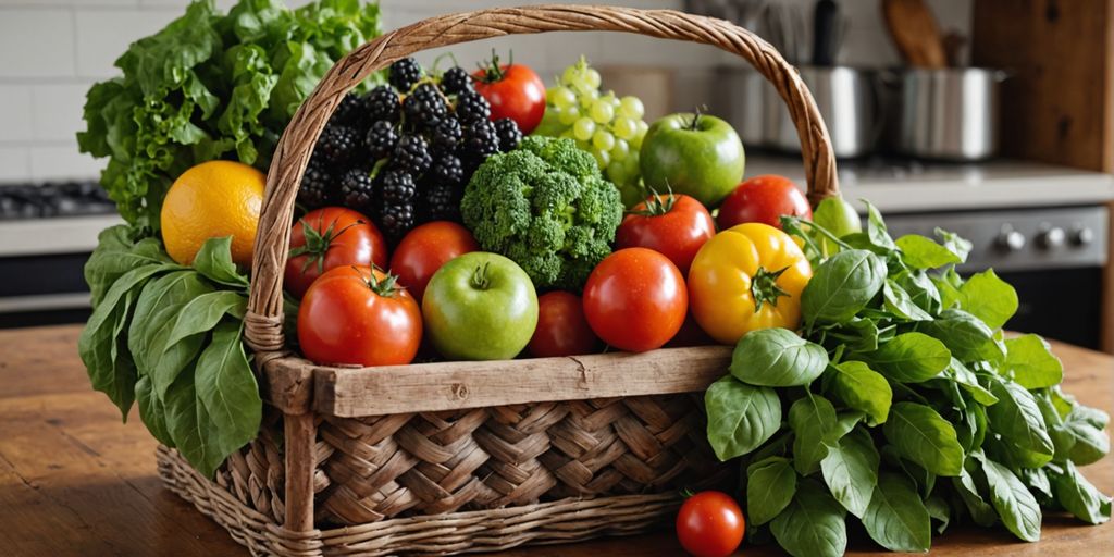 Fresh fruits and vegetables in a wooden basket