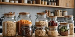 Tidy kitchen with reusable containers and glass jars.