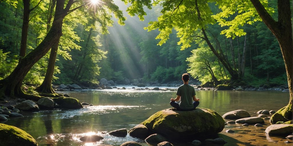 Person meditating in a peaceful forest