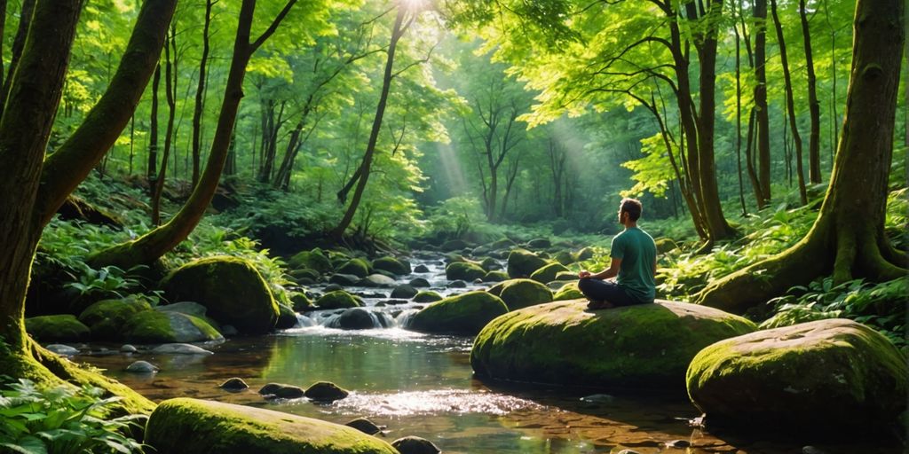 Person meditating by a forest stream