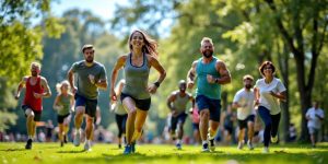 People exercising in a sunny park