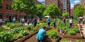 Community garden with people and urban buildings.