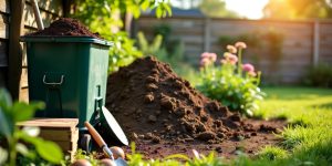 Backyard composting setup with bin and organic waste.