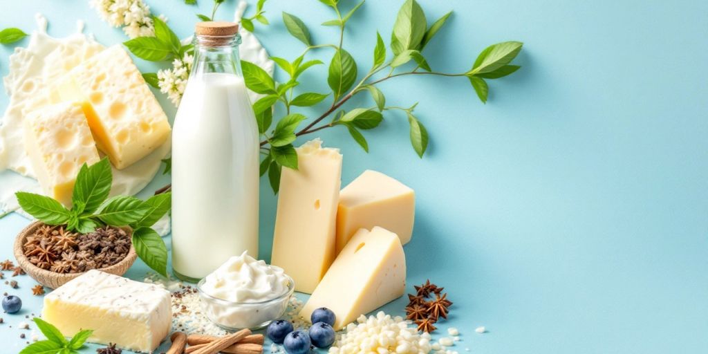 Fresh dairy products with natural herbs for preservation.