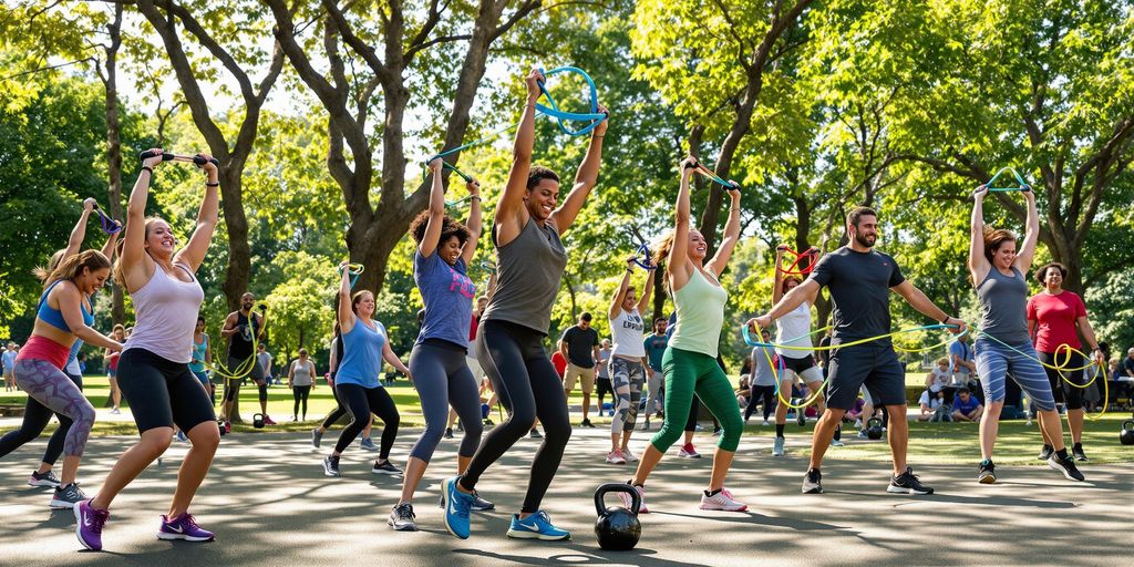 People exercising outdoors with kettlebells and resistance bands.