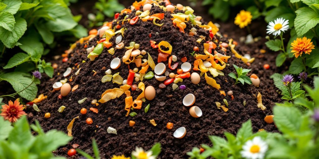 Colorful compost pile with kitchen scraps and green plants.