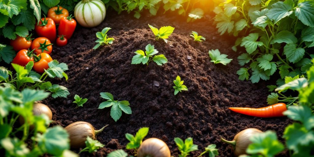 Compost pile with vegetables and rich dark soil.