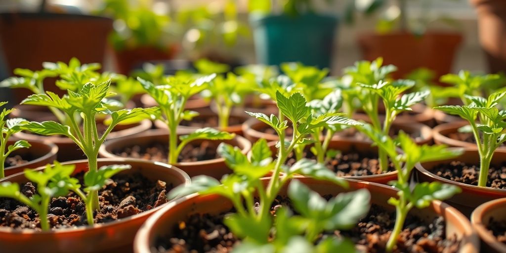 Green tomato seedlings growing in pots indoors.