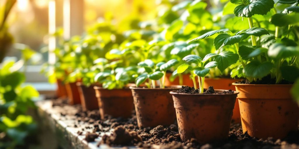 Indoor garden with seedlings in pots and sunlight.