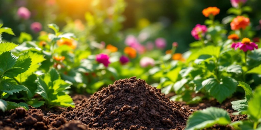 A lush garden with cotton burr compost and blooming flowers.