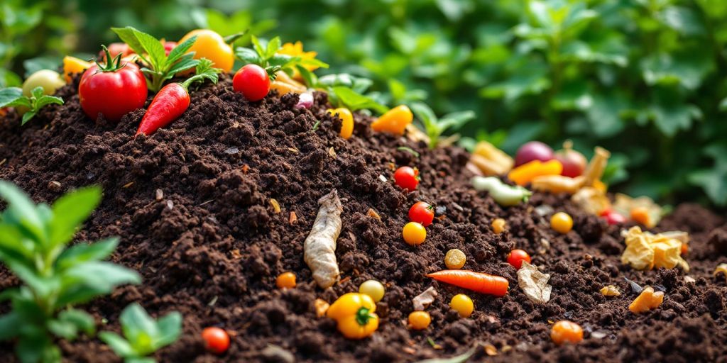 Colorful compost pile with vegetables and lush plants.