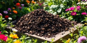 A compost pit filled with dark organic material and plants.