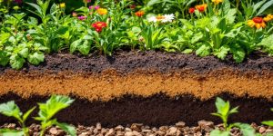 Lush garden with layered soil and vibrant spring plants.