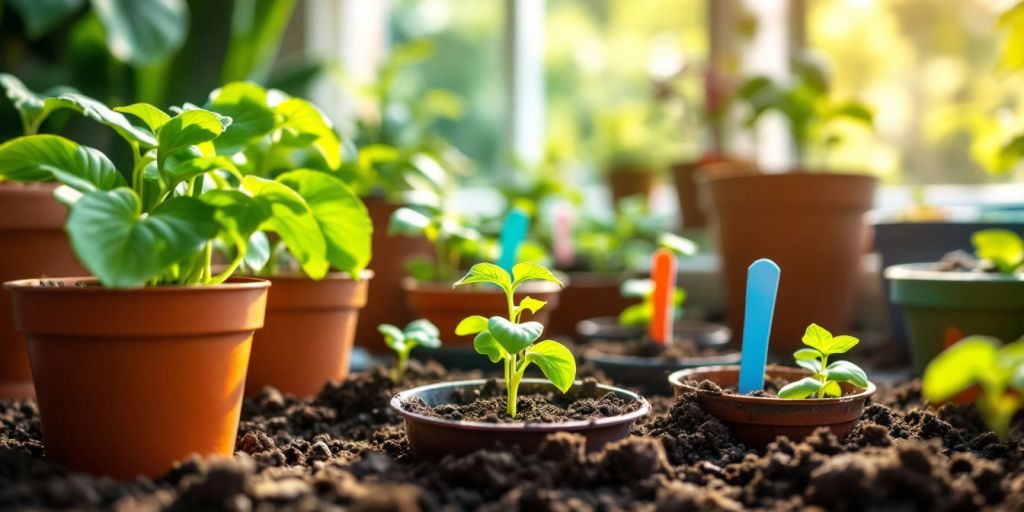 Indoor garden with pots of seedlings and natural light.