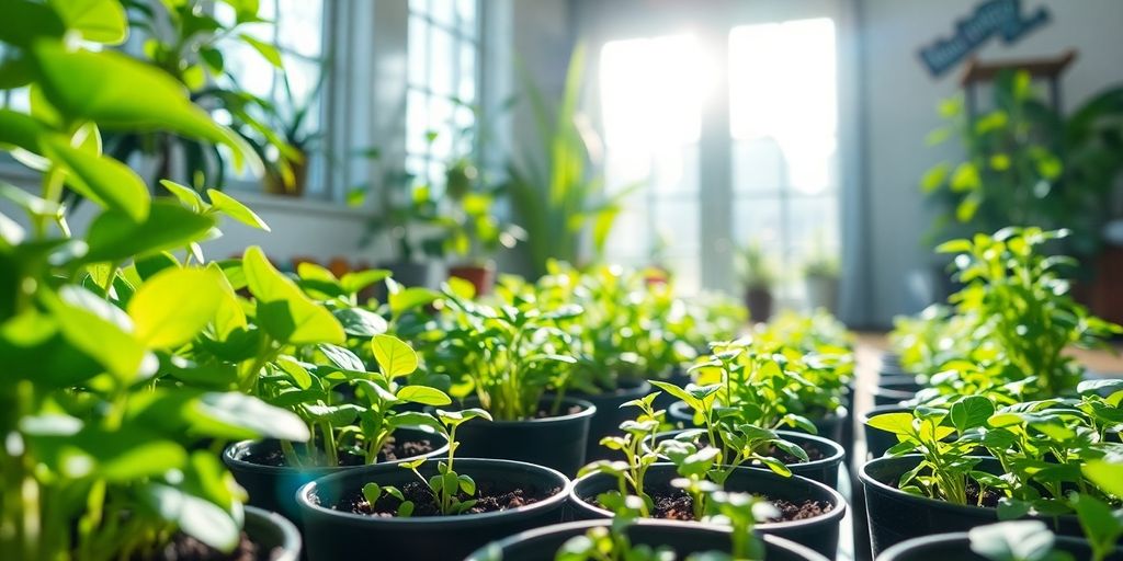 Indoor garden with fast-growing plants in bright sunlight.