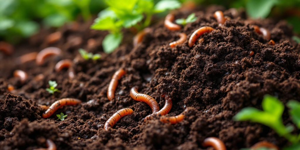 Vermicompost with earthworms and green plants in garden.