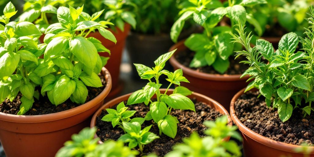 Colorful pots of fresh herbs in a sunny garden.