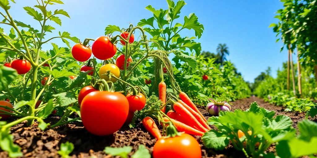 Colorful vegetables growing in a sunny home garden.