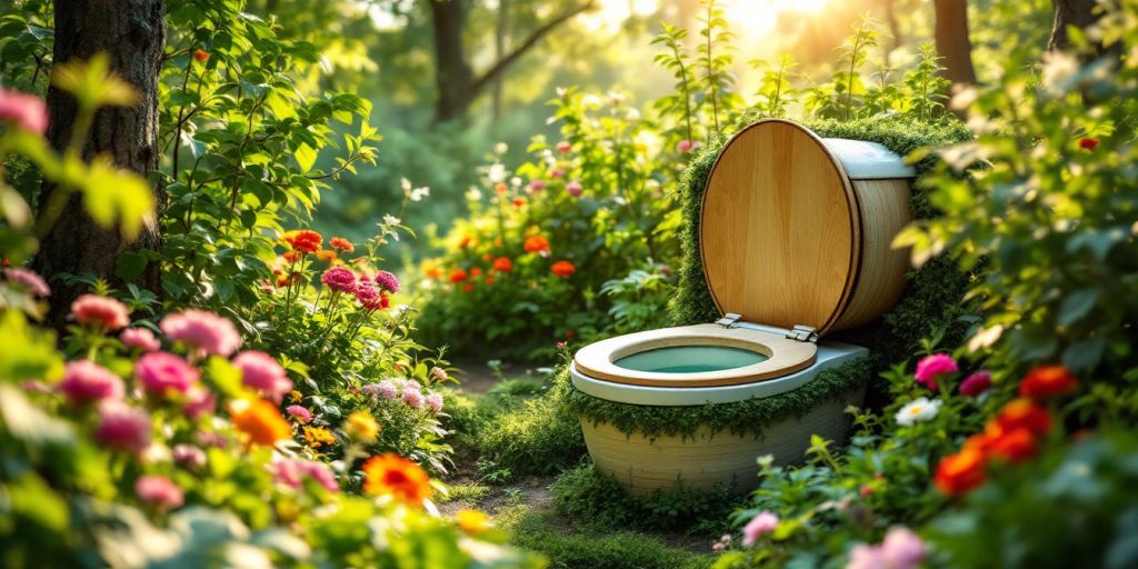 Composting toilet in nature surrounded by greenery and flowers.