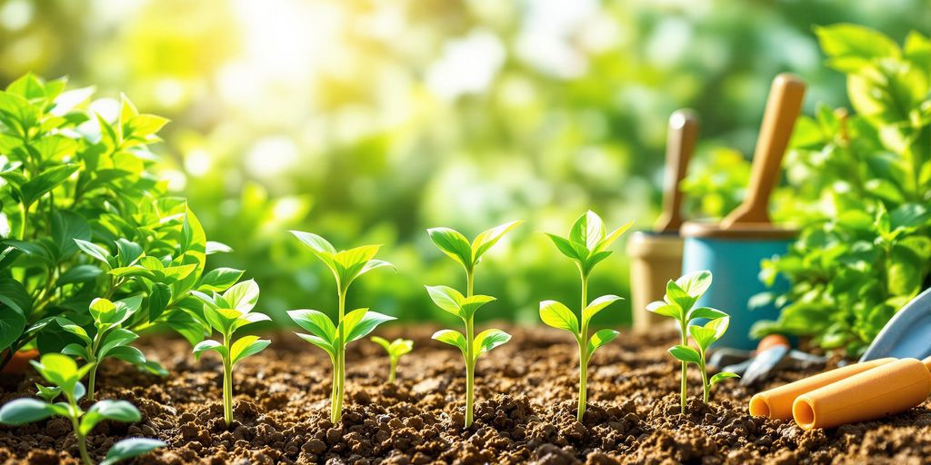 Seedlings growing in soil with gardening tools nearby.