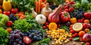 Colorful farm-fresh produce on a rustic wooden table.