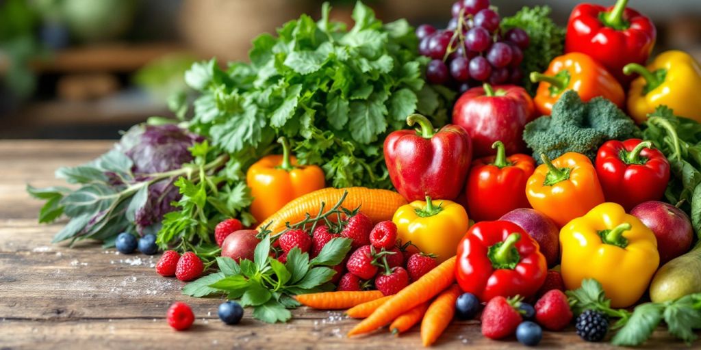 Fresh fruits and vegetables on a wooden table.