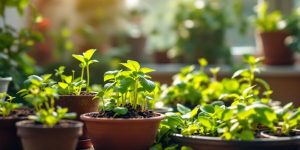 Indoor plants sprouting in sunlight on a wooden table.