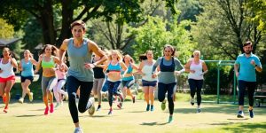 Group exercising outdoors in a sunny park setting.