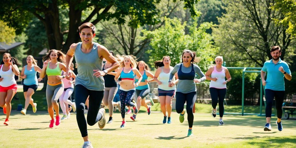 Group exercising outdoors in a sunny park setting.