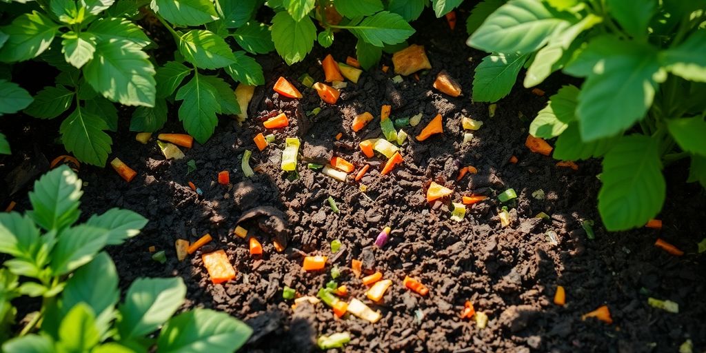 Compost pit with colorful scraps and rich soil.