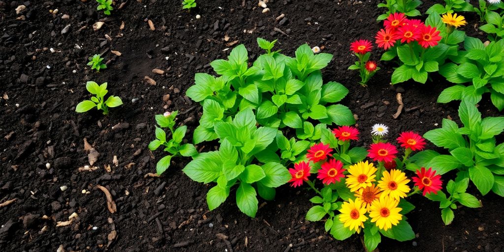 Lush garden with vibrant plants and dark organic compost.