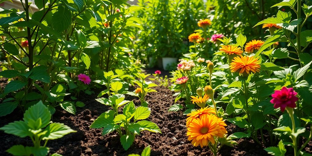 Healthy garden plants with dark cotton burr compost.