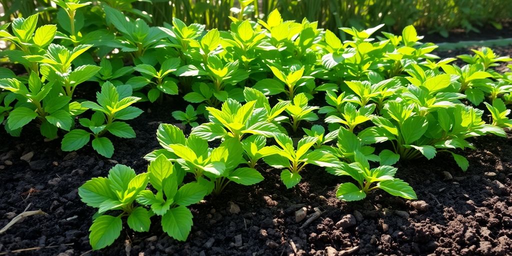 Garden thriving with healthy plants and mushroom compost.