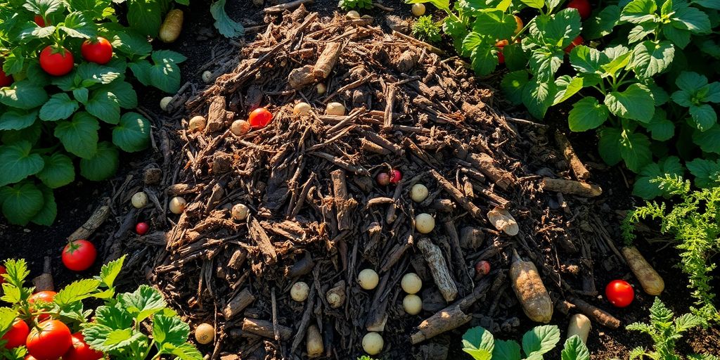 Compost pile with vegetables and green plants in sunlight.