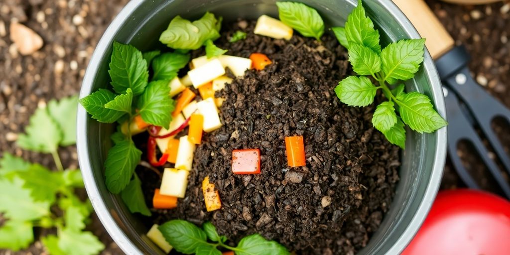 Compost bucket with scraps and soil surrounded by leaves.