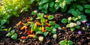 A colorful compost pile with vegetables and plants.